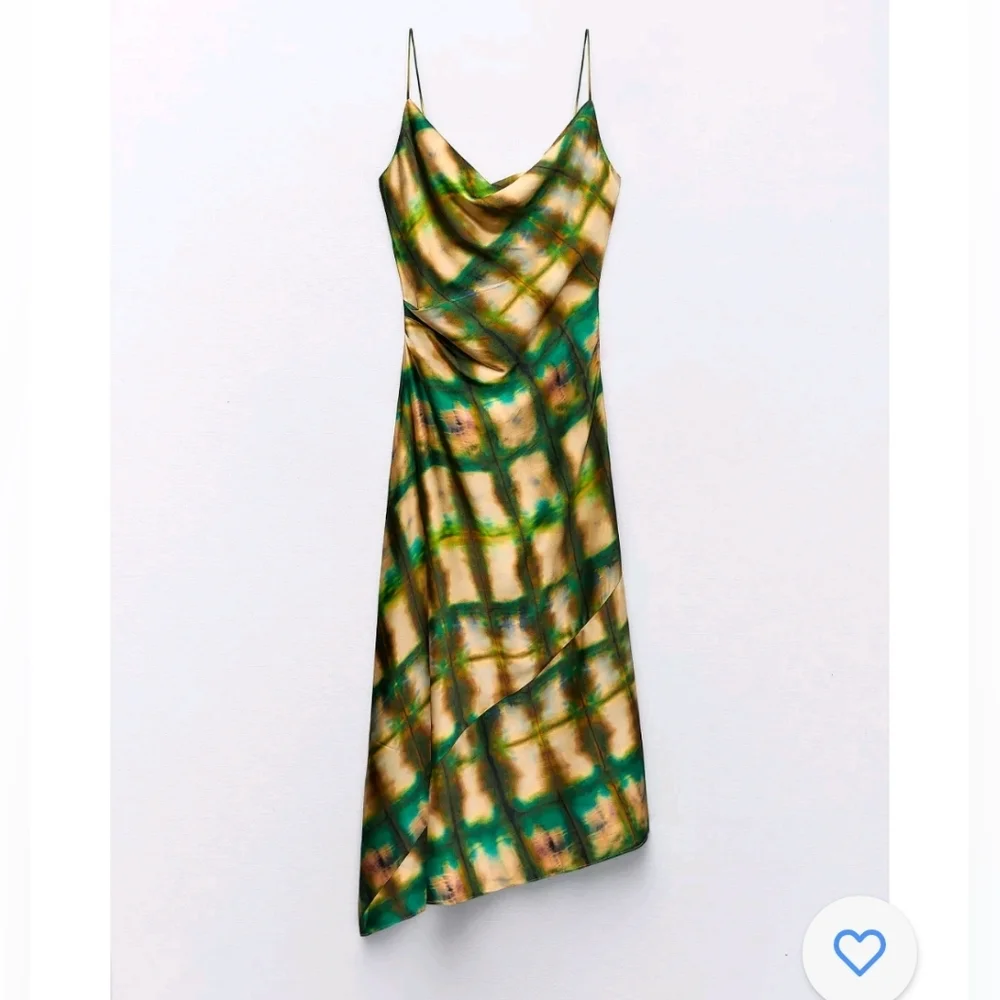 NWT Zara Satin Cowl Neck Draped Midi Slip Dress Green Gold Boho XL - Picture 1 of 14